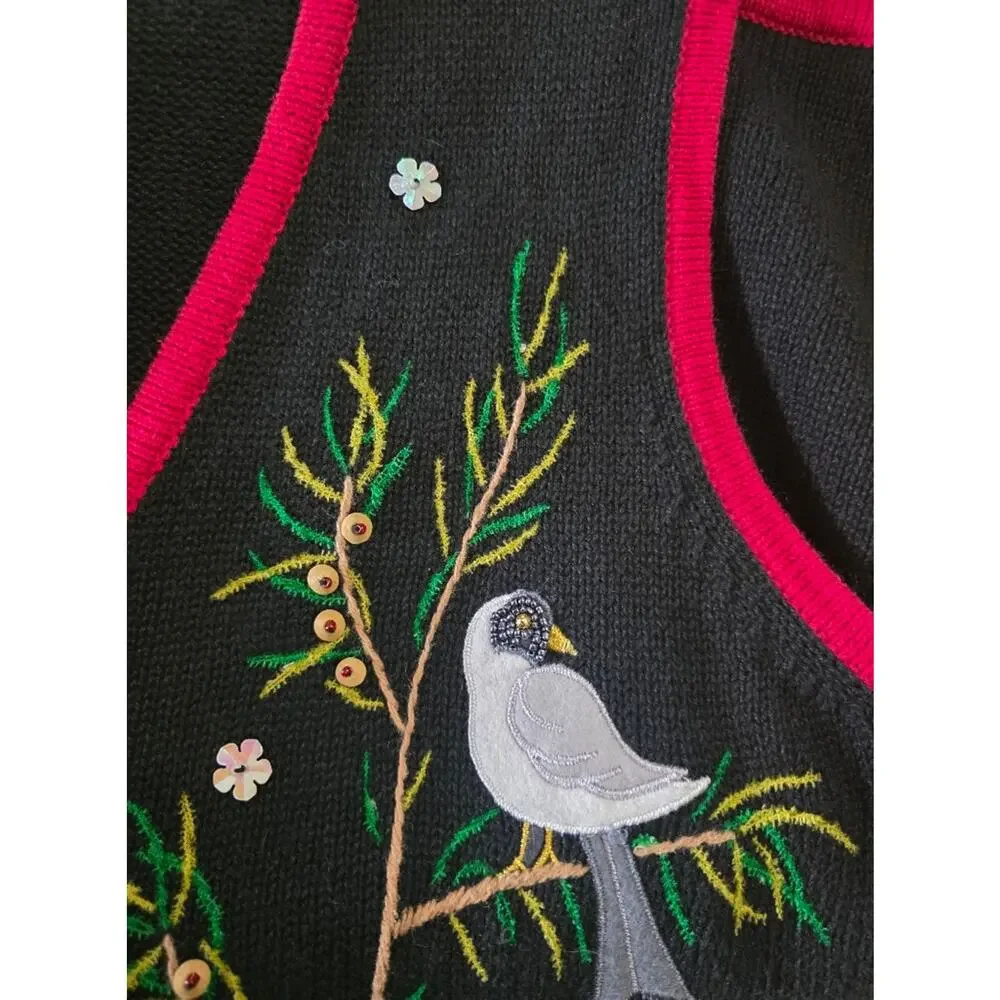 Vintage Designer's Original Cabincore Birds Beaded Knitted Cardigan Vest Women L
